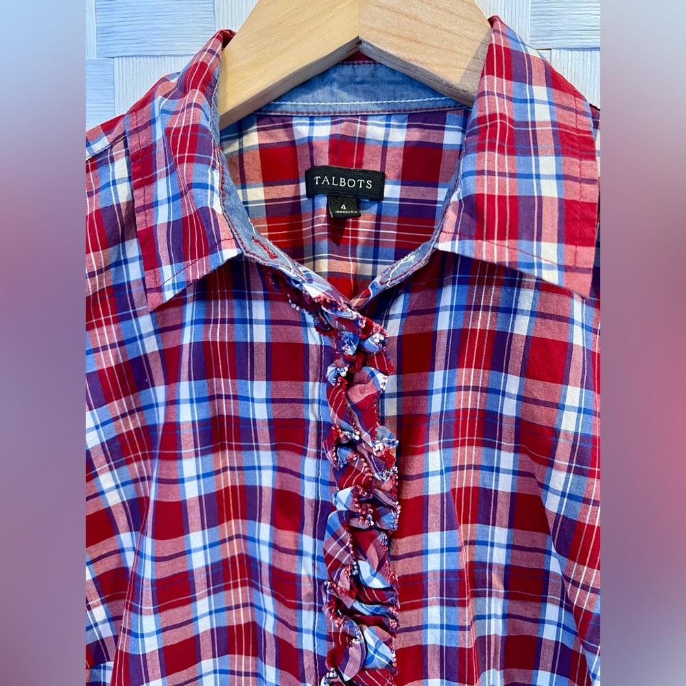 Talbots Vibrant Red and Blue Plaid Blouse